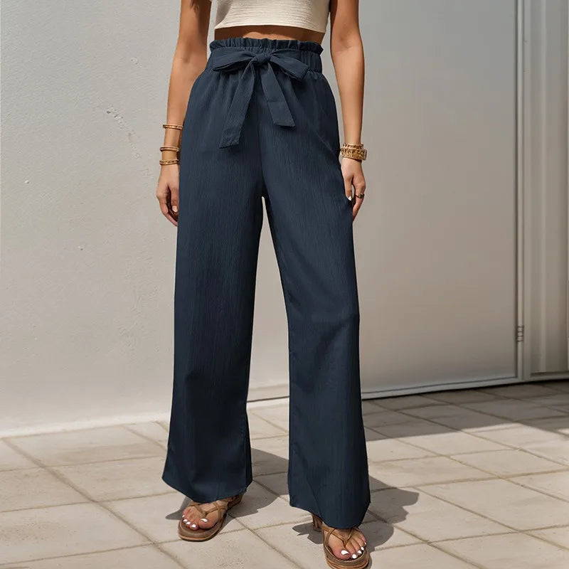 Fashionable and versatile casual straight trousers for women with lace-up ruffled elastic trousers
