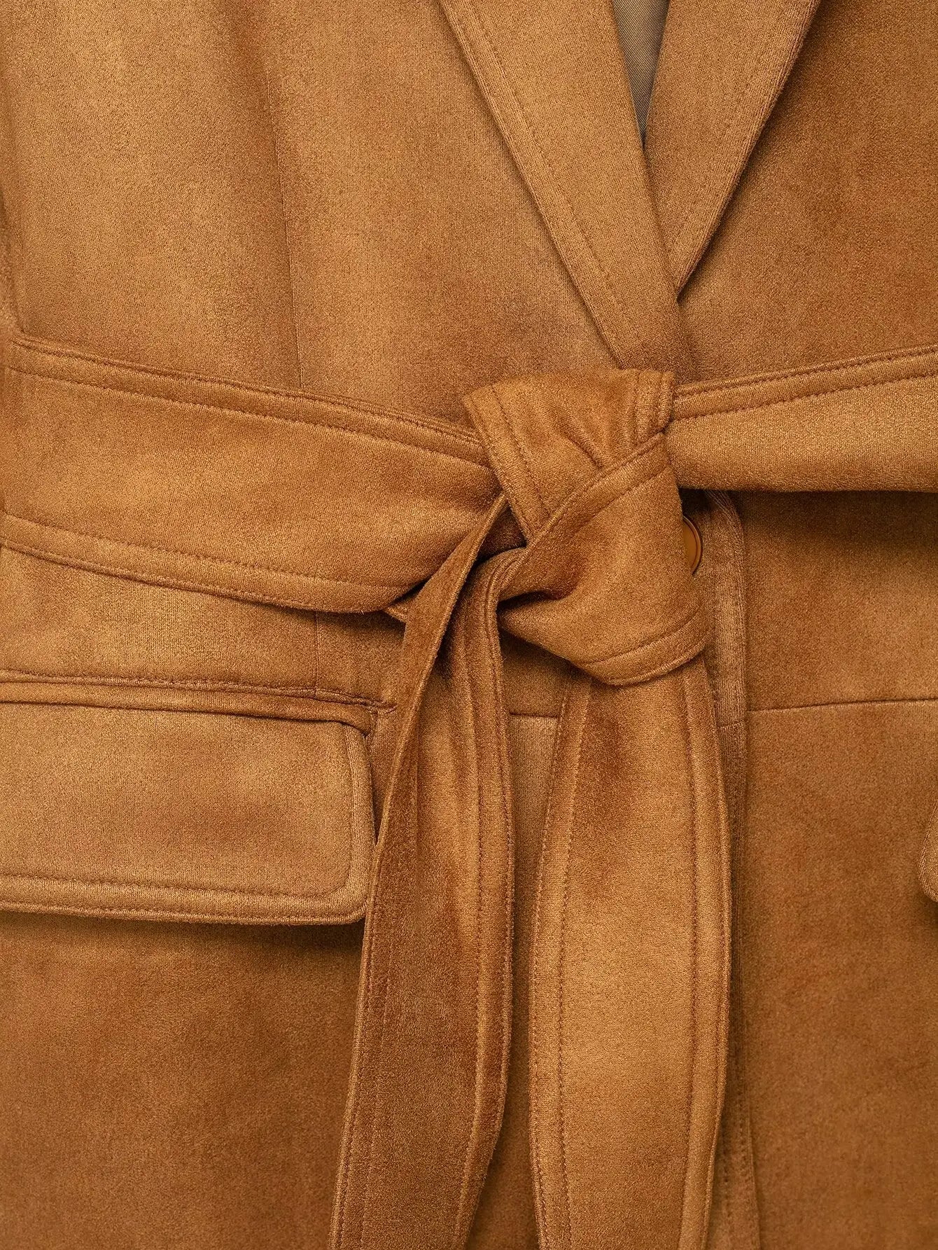 2025 Autumn Faux Suede Vintage Jacket Coats For Women Khaki Casual Lace Up Long Sleeve Cardigan Coat Fashion Commuter Jackets