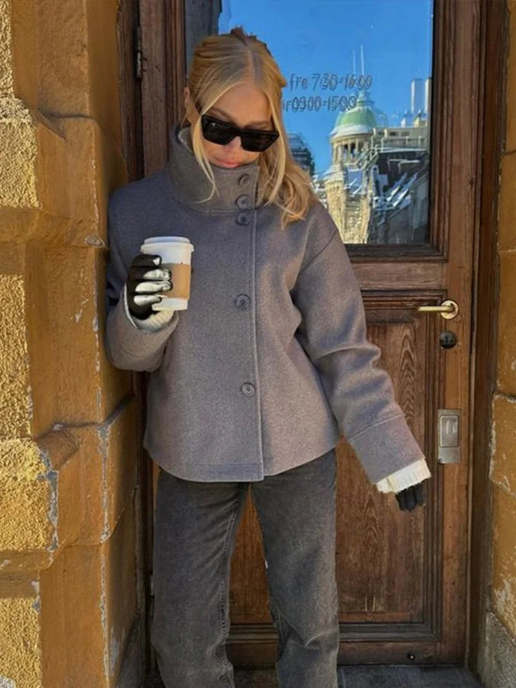Stand Collar Women Winter Woolen Coats Single Breasted Loose Female Long Sleeve Jacket Autumn Office Lady Street Short Coat