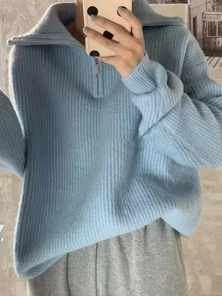 Women's Sweaters 2025Autumn Winter Long Sleeve Top Loose Knitted Turtleneck Zipper Fashion Pullover Women Oversized Sweater