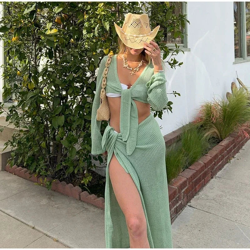 Sexy Knit Hollow Out Crop Vest Skirt Sets Women V-neck Long Sleeve Lace Up Vests Split Long Skirts 2024 Lady Beach Outfit
