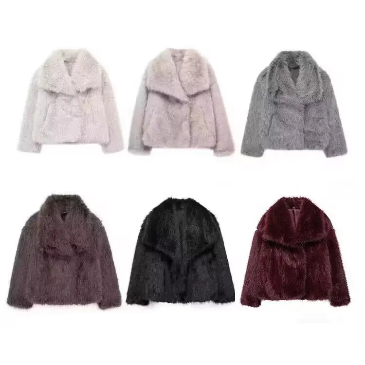 Women's Fashion Winter Solid Thick Warm Faux Fur Coat Lapel Collar Long Sleeves Female Chic Lady Casual Outfits Winter Coats