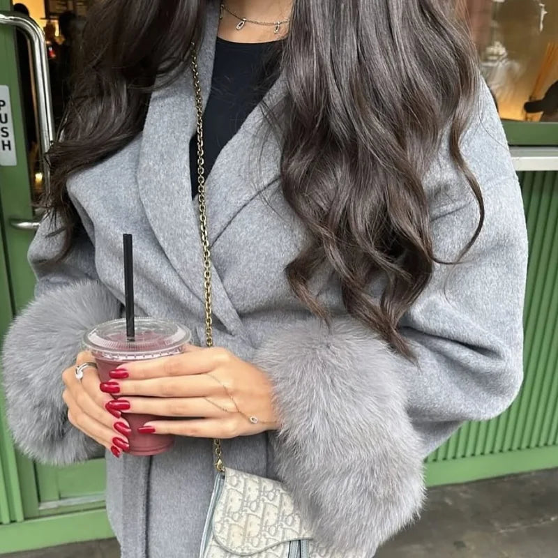 Elegant Women's Coat V-neck Faux Fur Loose Sleeve Belt Lace Up Solid Female Coats 2025 Autumn Warm Fashion Dating Lady Outwear