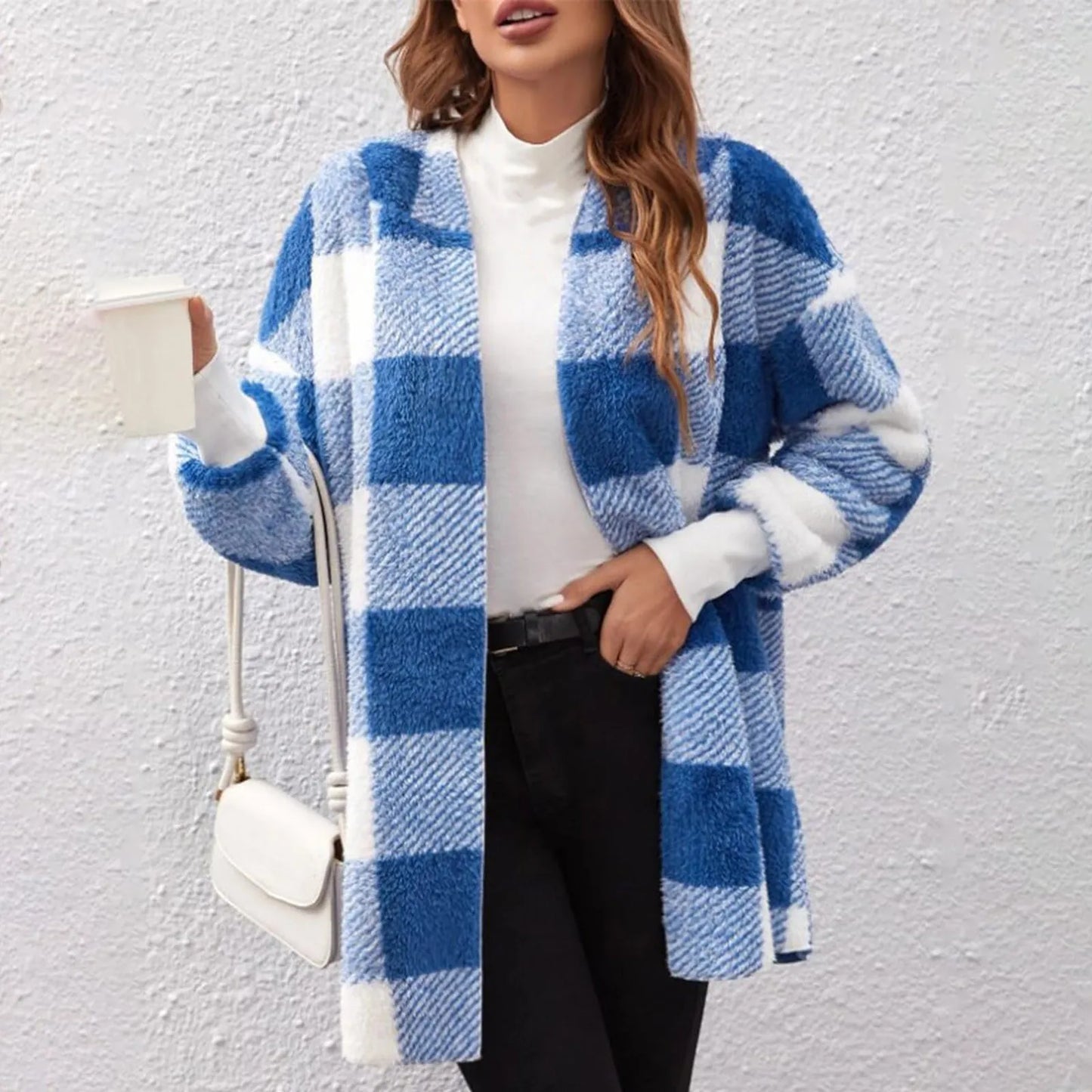 Lapel Plush Elegant Coats Plaid Faux Fur Outwear Loose Trend Women Long Sleeve Pockets Long-Cut Coats Winter Women Faux Fur Coat