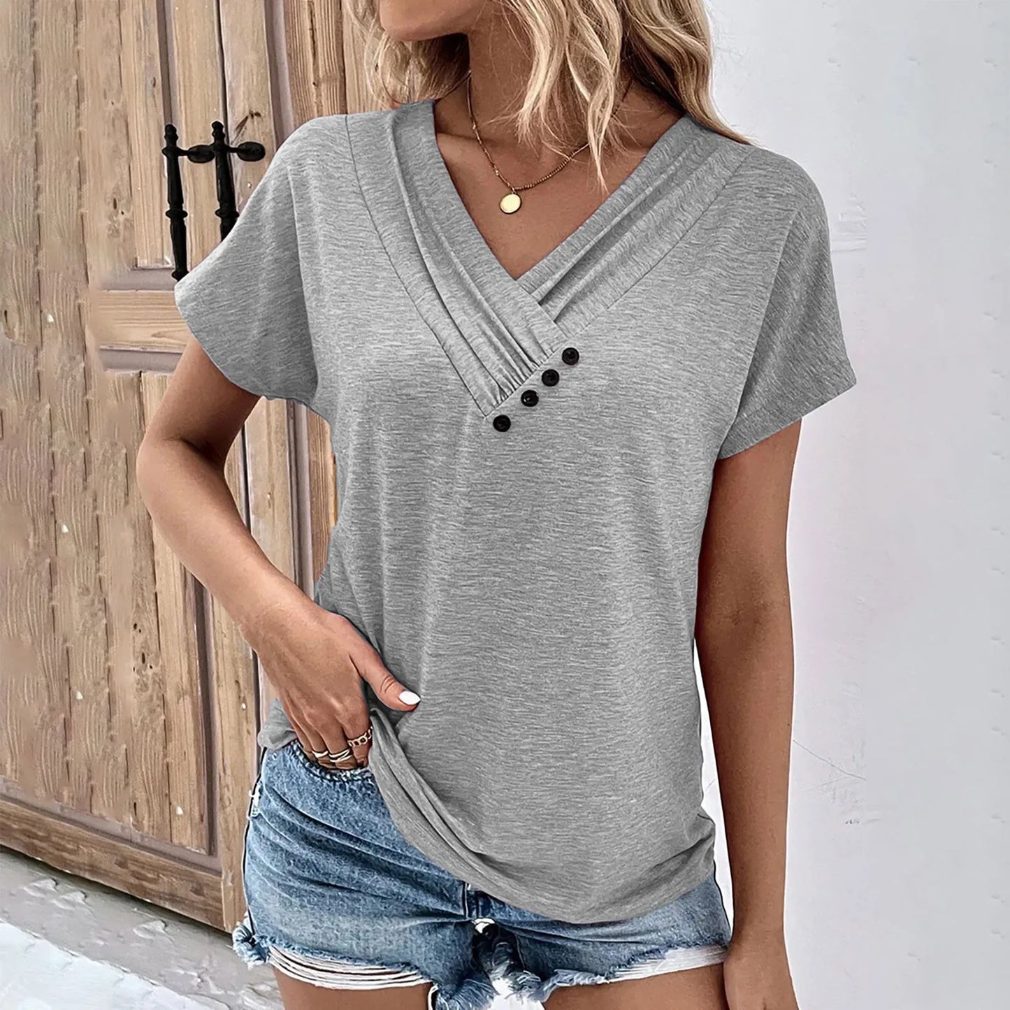 Fashion Women T Shirt Solid Color V Neck Short Sleeve Basic Tops Tee Streetwear Summer Oversized Clothing Female T-Shirts