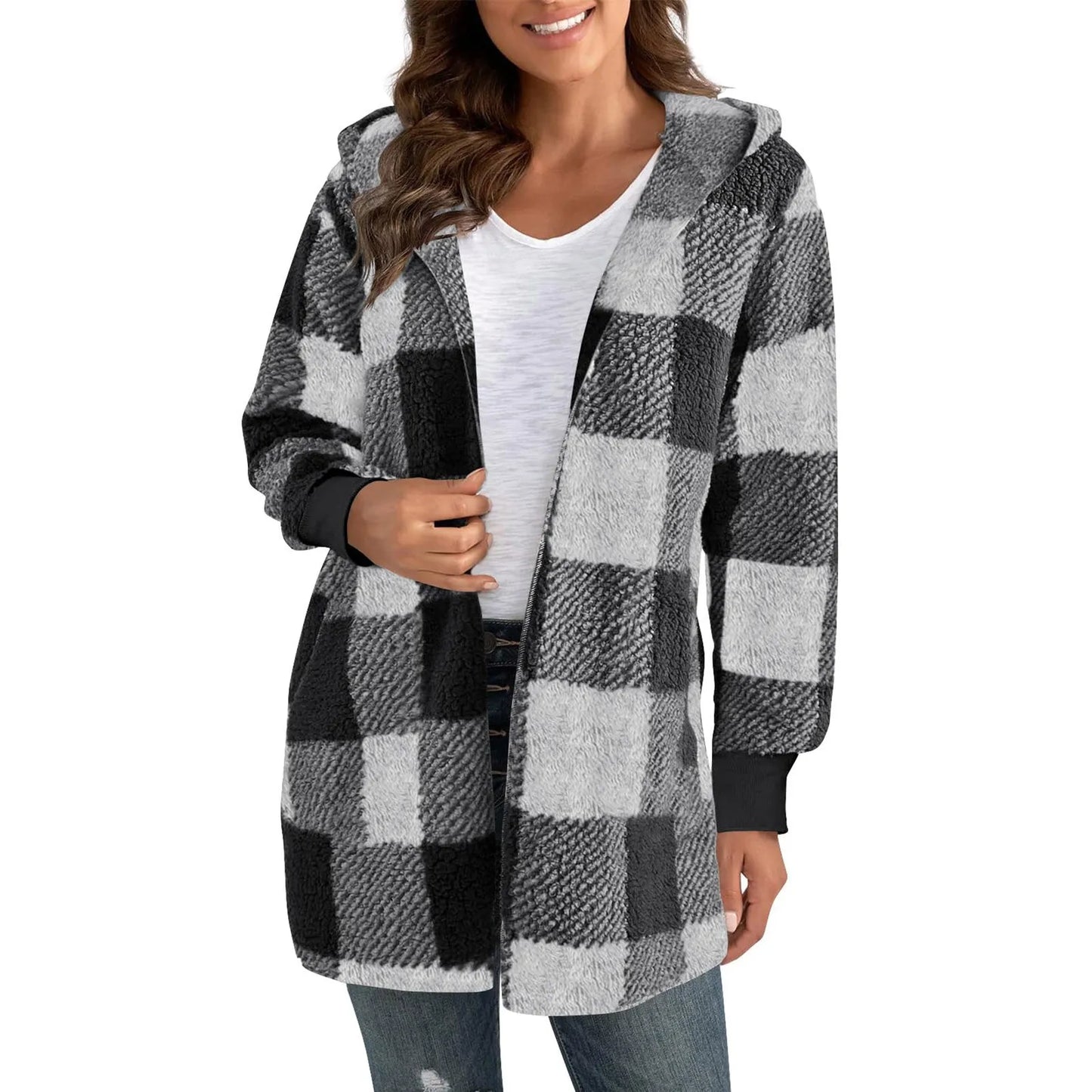 Lapel Plush Elegant Coats Plaid Faux Fur Outwear Loose Trend Women Long Sleeve Pockets Long-Cut Coats Winter Women Faux Fur Coat