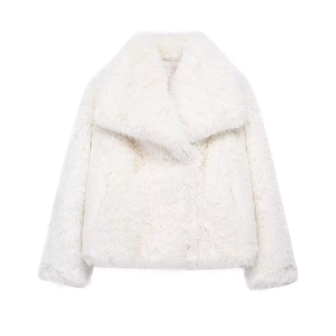 Women's Fashion Winter Solid Thick Warm Faux Fur Coat Lapel Collar Long Sleeves Female Chic Lady Casual Outfits Winter Coats