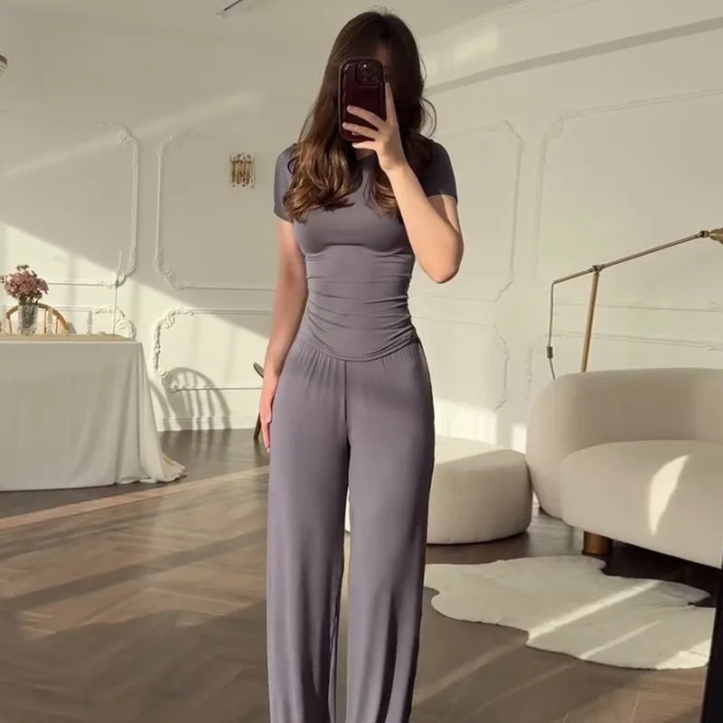 Casual Long Pants Suits Women O-neck Short Sleeve T-shirt Elastic Waist Trousers Set Spring Summer Solid Lady Household Clothes