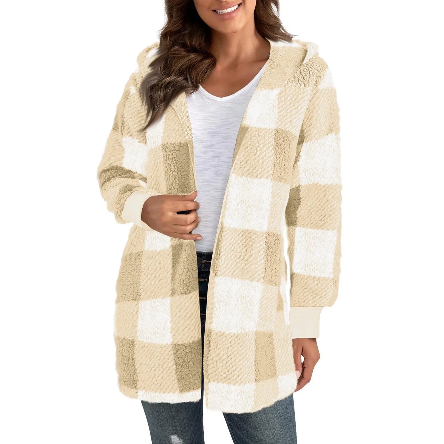 Lapel Plush Elegant Coats Plaid Faux Fur Outwear Loose Trend Women Long Sleeve Pockets Long-Cut Coats Winter Women Faux Fur Coat