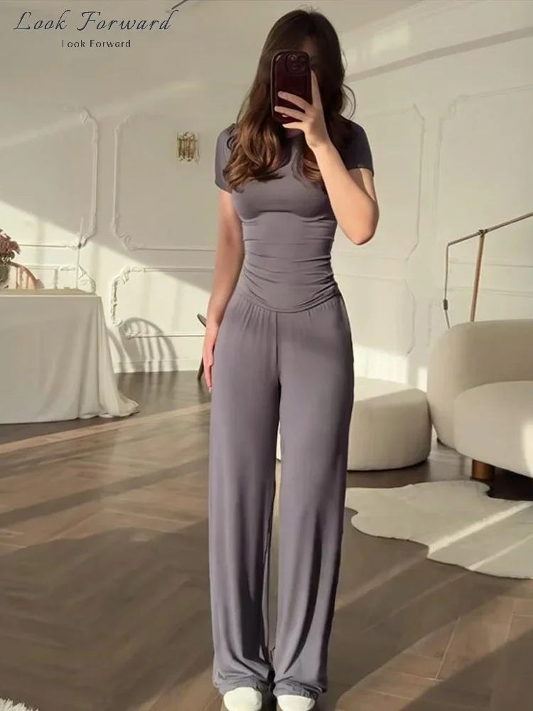 Casual Long Pants Suits Women O-neck Short Sleeve T-shirt Elastic Waist Trousers Set Spring Summer Solid Lady Household Clothes