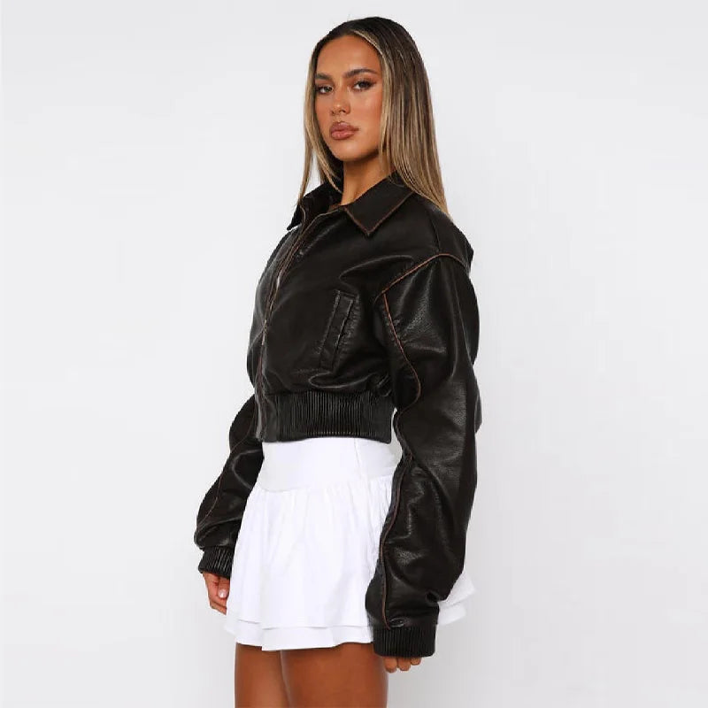 Women Fashion Vintage Lapel Short Leather Jacket Casual Loose Zipper Coat 2025 Fall Lady Classic Streetwear Commute Coats