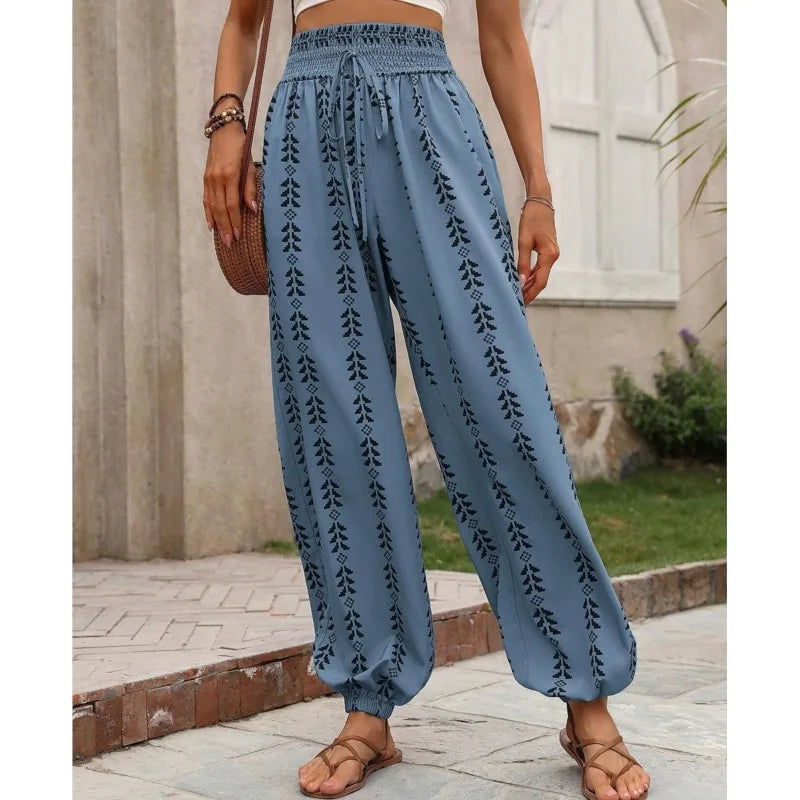 Women's Trousers 2025 Summer Versatile Grid Wide Leg Lantern Pants Casual Pants Lace Up Elastic Waist Long Pants Штаны Женский