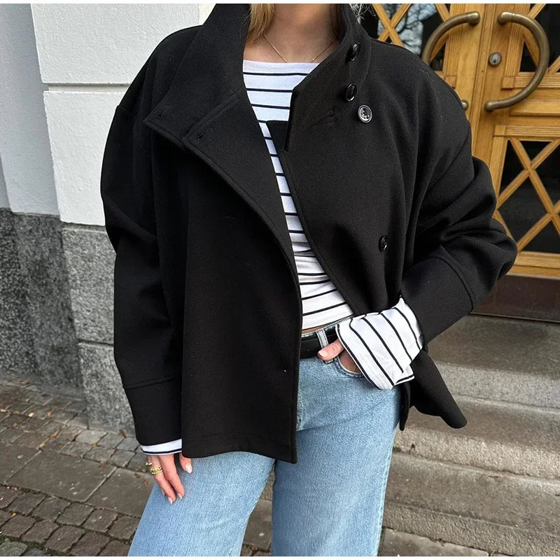 Stand Collar Women Winter Woolen Coats Single Breasted Loose Female Long Sleeve Jacket Autumn Office Lady Street Short Coat