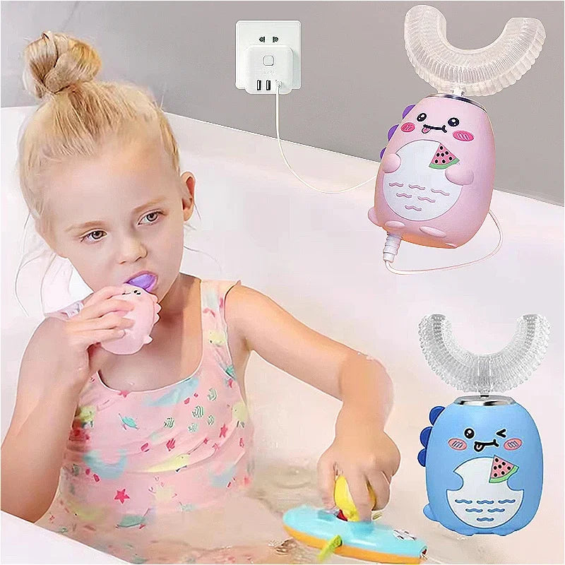 Children U-shaped Electric Toothbrush 360 Degrees Smart Cartoon Kids Silicone Toothbrush Automatic Rechargeable Sonic Toothbrush