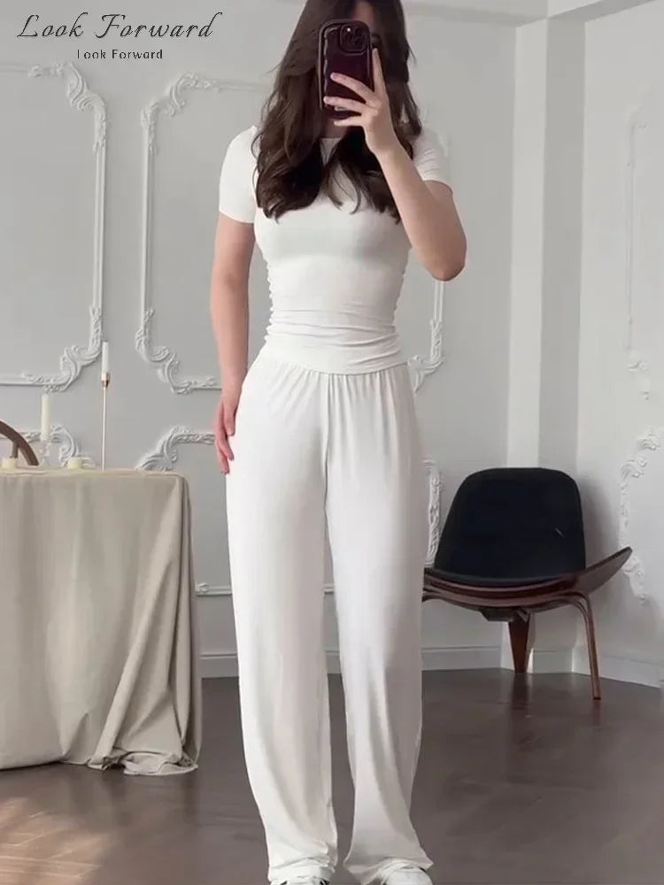 Casual Long Pants Suits Women O-neck Short Sleeve T-shirt Elastic Waist Trousers Set Spring Summer Solid Lady Household Clothes