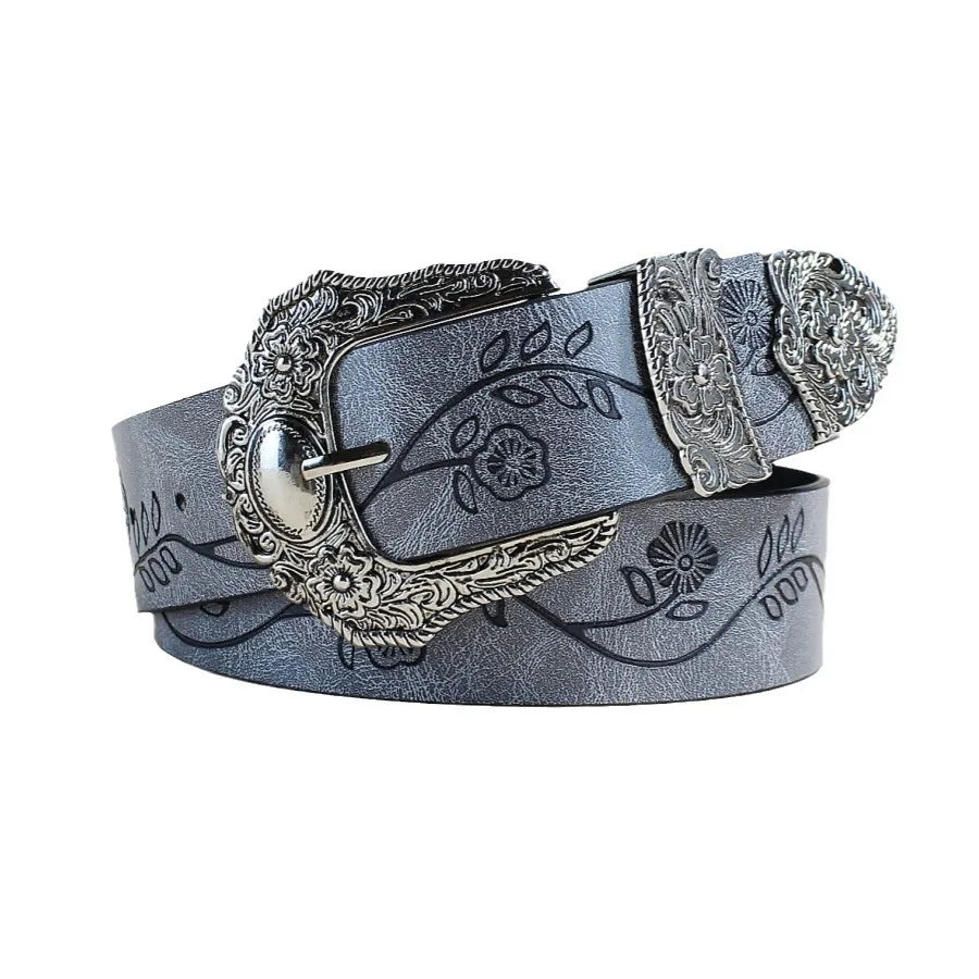 Western Style Printed Solid Color Pu Belt Buckle, Retro Casual Women's Belt, Classic Jeans Decorative Belt
