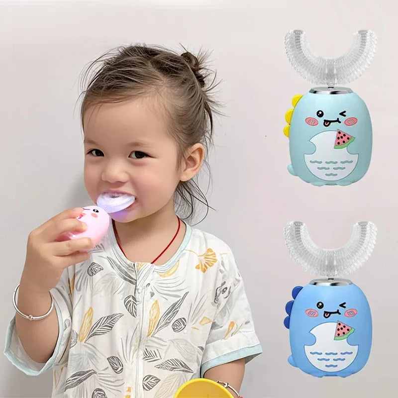 Children U-shaped Electric Toothbrush 360 Degrees Smart Cartoon Kids Silicone Toothbrush Automatic Rechargeable Sonic Toothbrush