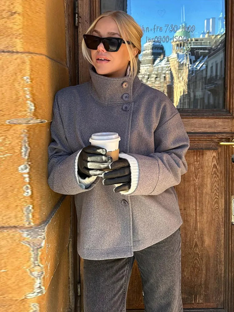 Stand Collar Women Winter Woolen Coats Single Breasted Loose Female Long Sleeve Jacket Autumn Office Lady Street Short Coat