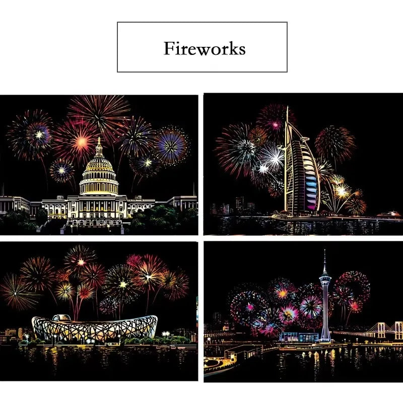 4 Pcs/Set A4 DIY Manual Scraping Painting Colorful Realistic Cartoon Animals Lion Wolf Flamingo Night View Scratch Drawing