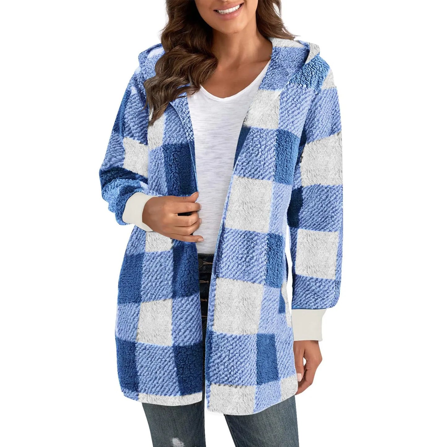 Lapel Plush Elegant Coats Plaid Faux Fur Outwear Loose Trend Women Long Sleeve Pockets Long-Cut Coats Winter Women Faux Fur Coat