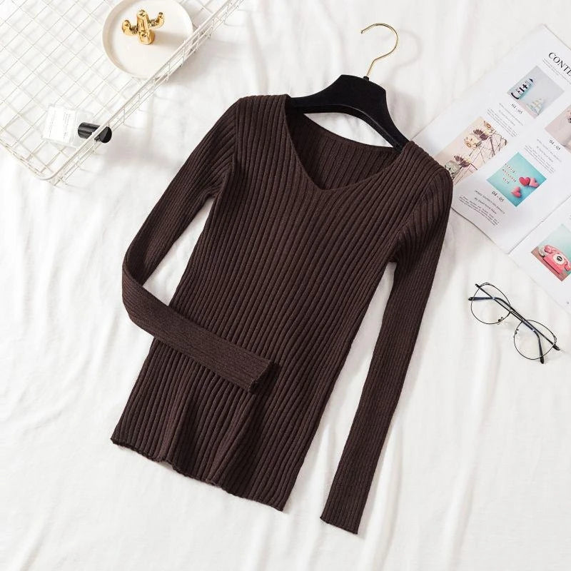Sweater Autumn and Winter Long Sleeved Tight Versatile Low-neck Bottoming Shirt Women's Slim Pullover Knitted Sweater Women