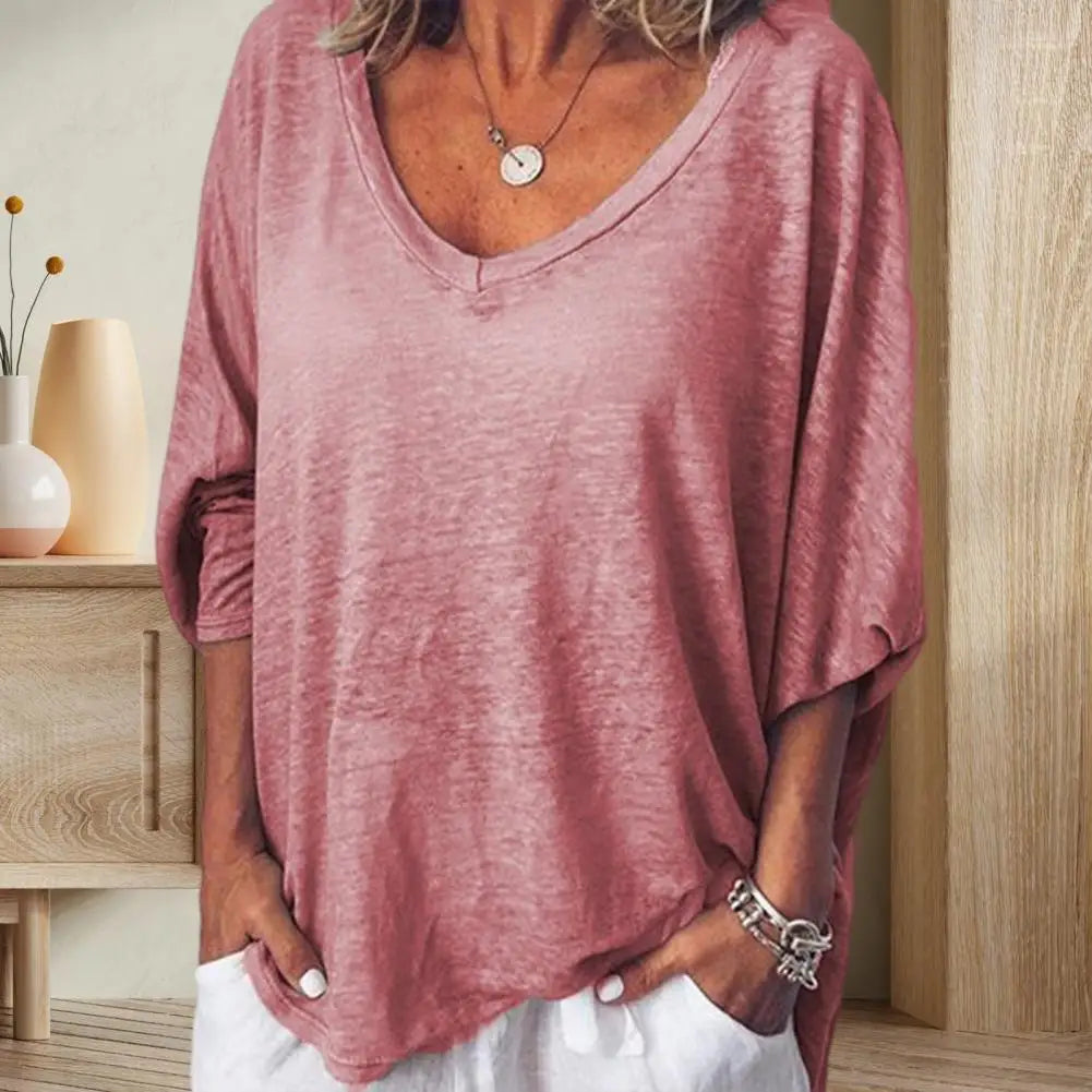 Women T-shirt Top Solid Color Women's V-neck 3/4 Batwing Sleeve T-shirt Loose Fit Lightweight Breathable Top for Casual Wear