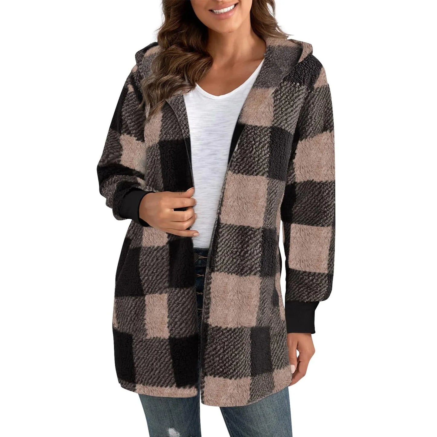 Lapel Plush Elegant Coats Plaid Faux Fur Outwear Loose Trend Women Long Sleeve Pockets Long-Cut Coats Winter Women Faux Fur Coat