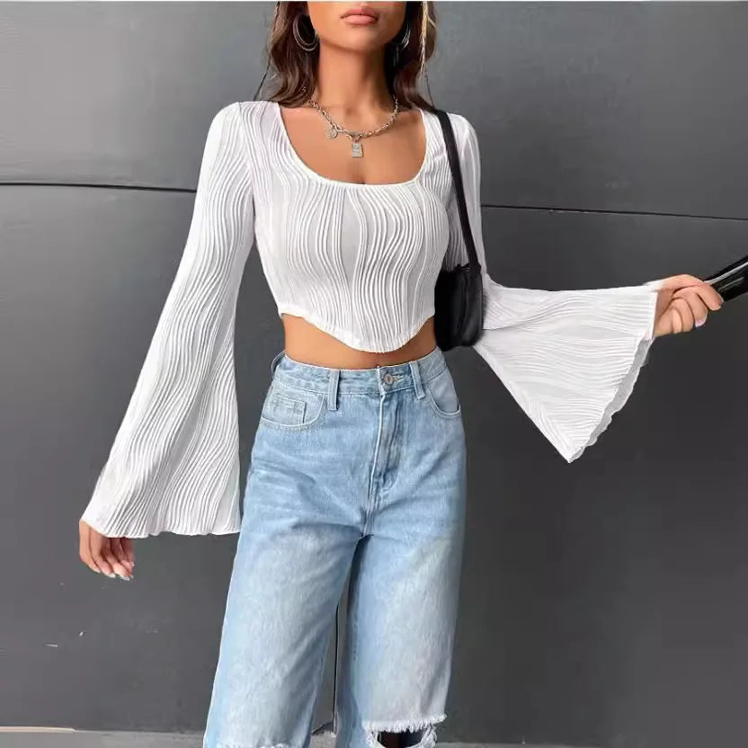 Women's T-shirt Summer Thin U-neck Top Water Ripple Slim Fit Midriff-baring Trumpet Long-sleeved T-shirt Female Street Trendy