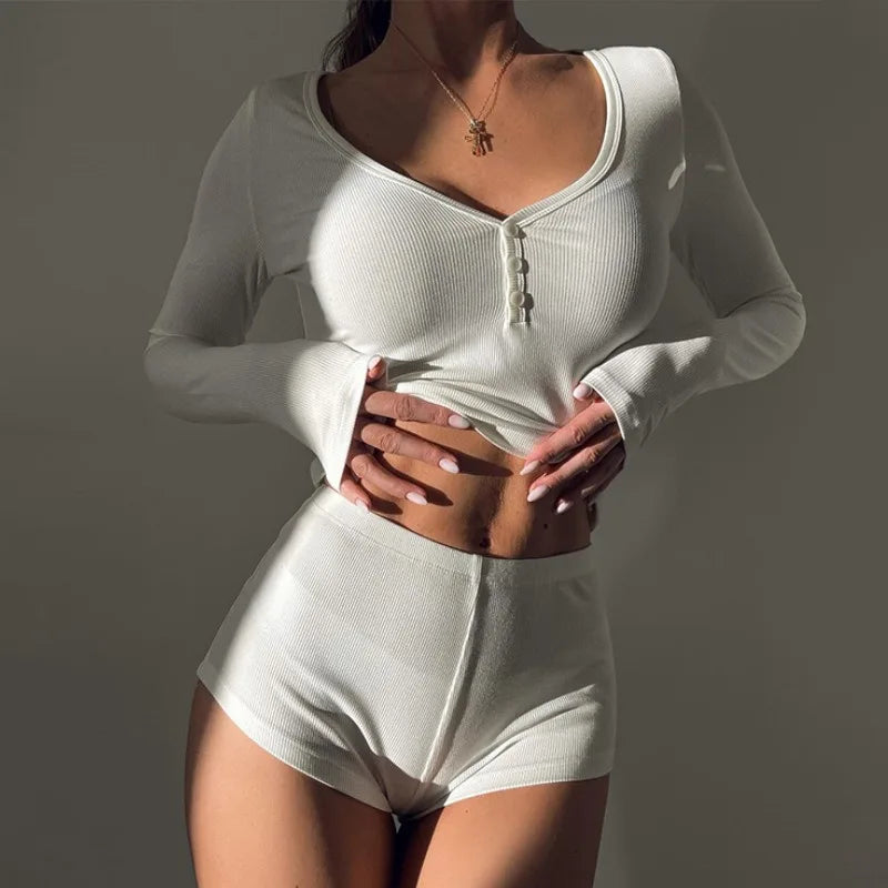 Women 2 Piece Pajamas Shorts Set Long Sleeve V Neck Button Down Cropped Tops Sexy Y2k Bodycon Shorts Pjs Loungewear Clothes