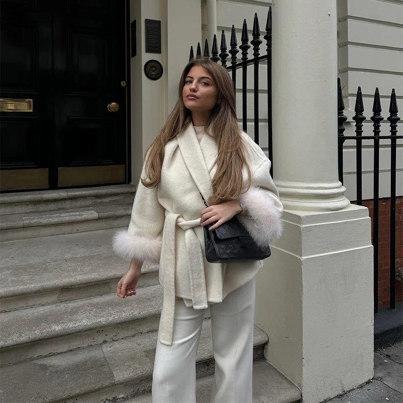 Elegant Women's Coat V-neck Faux Fur Loose Sleeve Belt Lace Up Solid Female Coats 2025 Autumn Warm Fashion Dating Lady Outwear