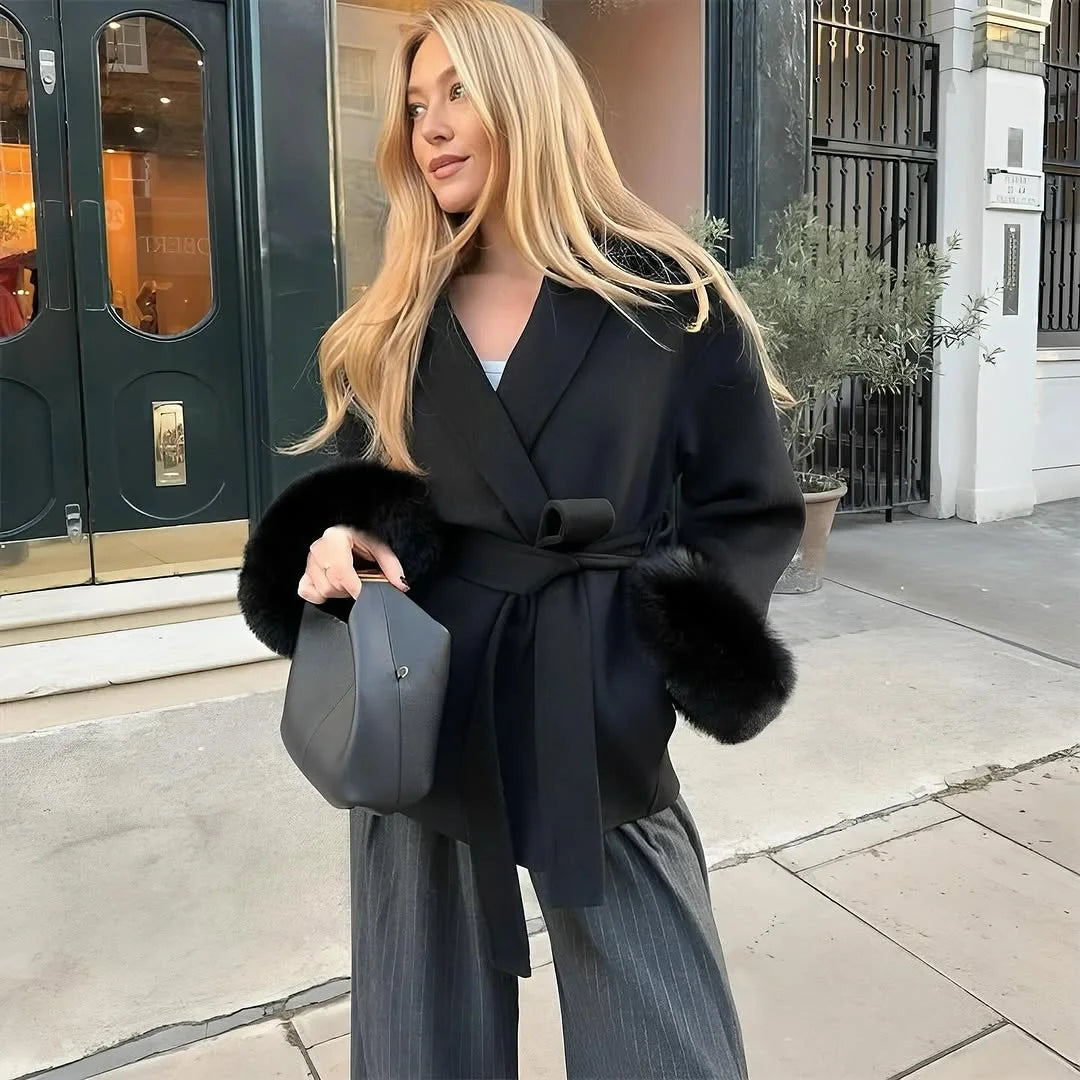 Elegant Women's Coat V-neck Faux Fur Loose Sleeve Belt Lace Up Solid Female Coats 2025 Autumn Warm Fashion Dating Lady Outwear
