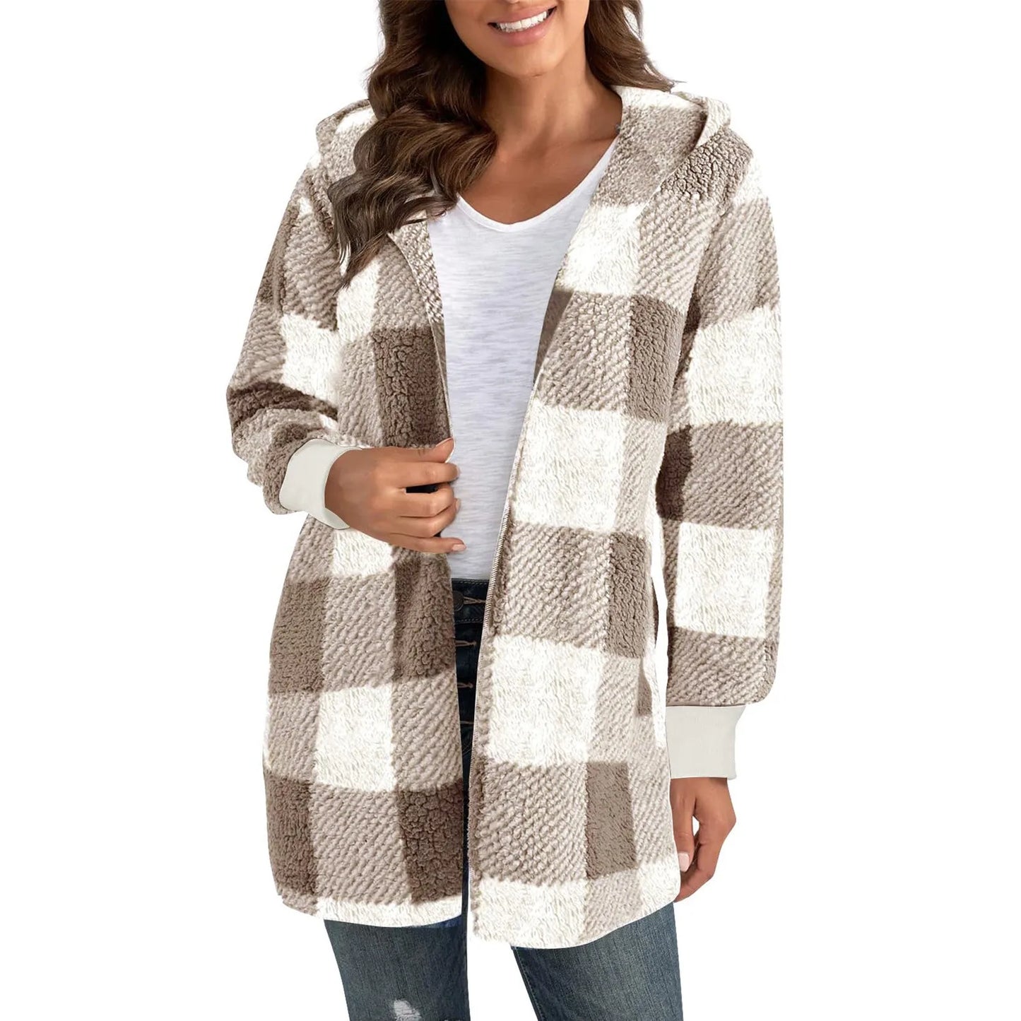 Lapel Plush Elegant Coats Plaid Faux Fur Outwear Loose Trend Women Long Sleeve Pockets Long-Cut Coats Winter Women Faux Fur Coat