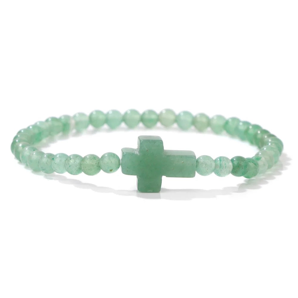 Jesus Cross Bracelet 4mm Beads Natural Stone Indian Agates Amethysts Quartzs Beaded Bracelets For Women Men Prayer Jewelry
