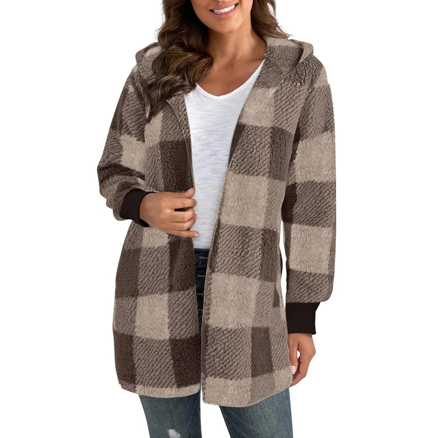 Lapel Plush Elegant Coats Plaid Faux Fur Outwear Loose Trend Women Long Sleeve Pockets Long-Cut Coats Winter Women Faux Fur Coat