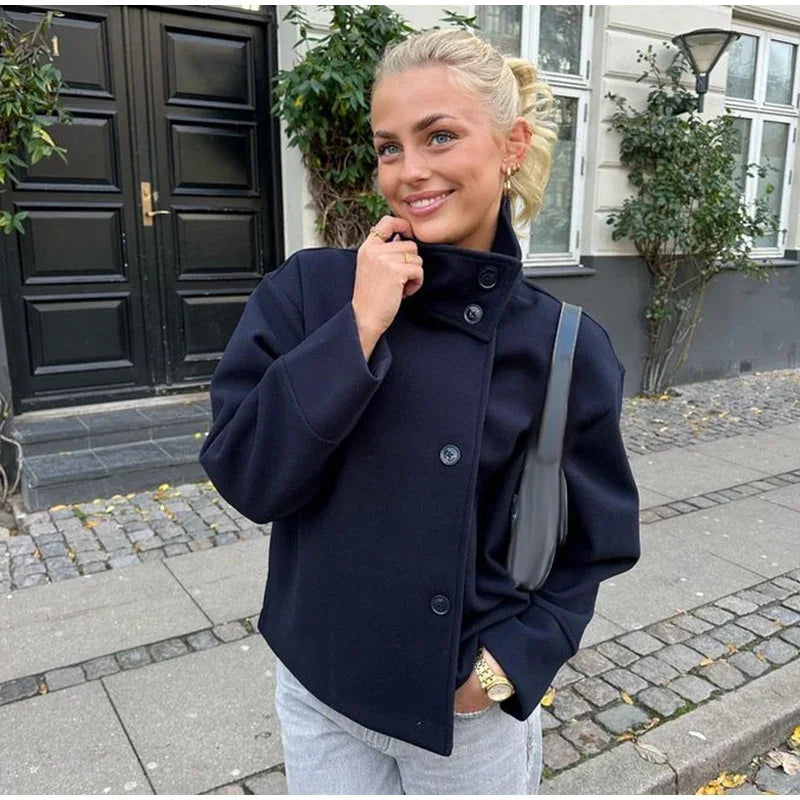 Stand Collar Women Winter Woolen Coats Single Breasted Loose Female Long Sleeve Jacket Autumn Office Lady Street Short Coat