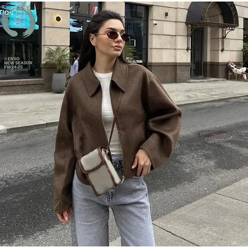 Stand Collar Women Winter Woolen Coats Single Breasted Loose Female Long Sleeve Jacket Autumn Office Lady Street Short Coat