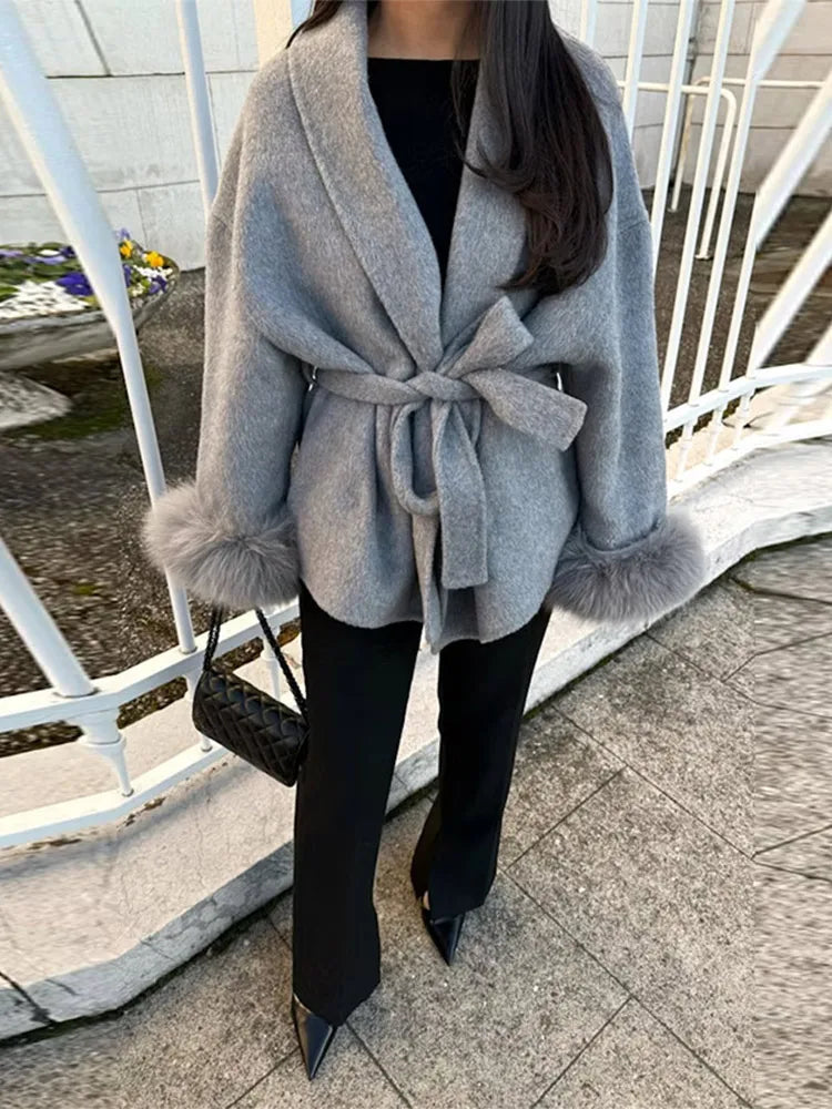 Elegant Women's Coat V-neck Faux Fur Loose Sleeve Belt Lace Up Solid Female Coats 2025 Autumn Warm Fashion Dating Lady Outwear