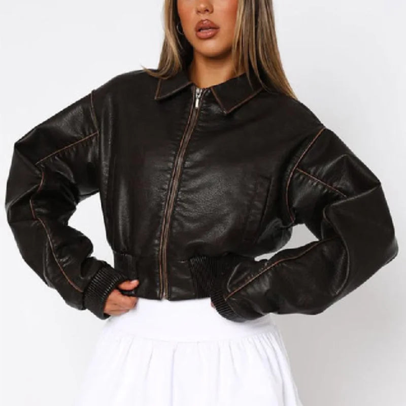 Women Fashion Vintage Lapel Short Leather Jacket Casual Loose Zipper Coat 2025 Fall Lady Classic Streetwear Commute Coats