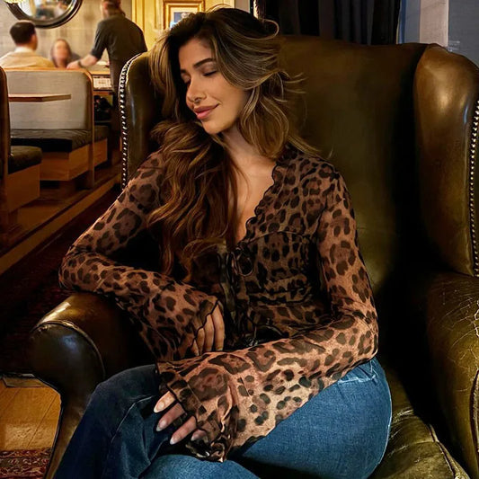 Women Sexy Leopard Mesh Chiffon Tops Deep V Neck Lace Flare Sleeve Blouses Elegant Loose Print Slim Fit T-shirt Female Y2K Tops