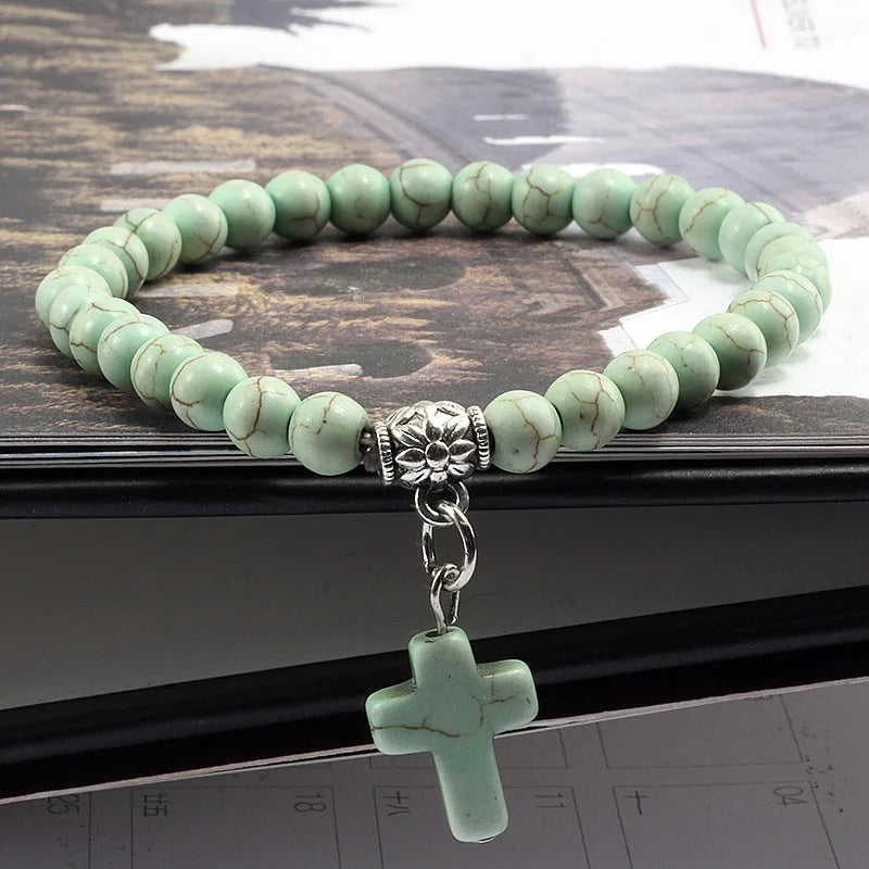 Jesus Cross Beaded Bracelets for Prayer 6mm Natural Black Matte Blue Pine Stone Bracelet Women Men Yoga Bangle Christian Jewelry