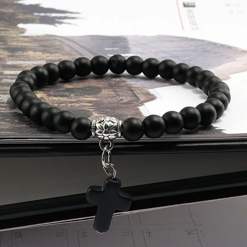 Jesus Cross Beaded Bracelets for Prayer 6mm Natural Black Matte Blue Pine Stone Bracelet Women Men Yoga Bangle Christian Jewelry