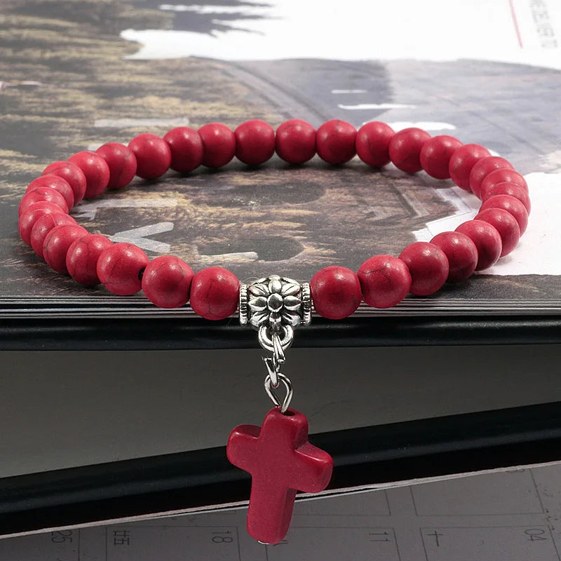 Jesus Cross Beaded Bracelets for Prayer 6mm Natural Black Matte Blue Pine Stone Bracelet Women Men Yoga Bangle Christian Jewelry
