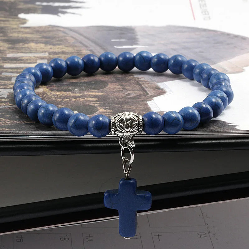 Jesus Cross Beaded Bracelets for Prayer 6mm Natural Black Matte Blue Pine Stone Bracelet Women Men Yoga Bangle Christian Jewelry
