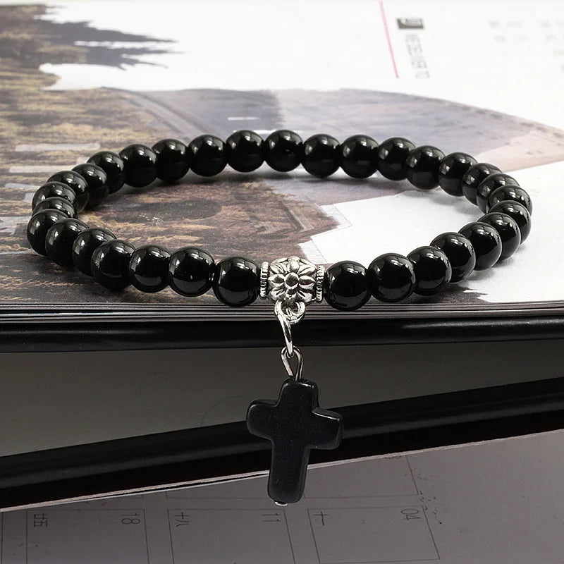 Jesus Cross Beaded Bracelets for Prayer 6mm Natural Black Matte Blue Pine Stone Bracelet Women Men Yoga Bangle Christian Jewelry