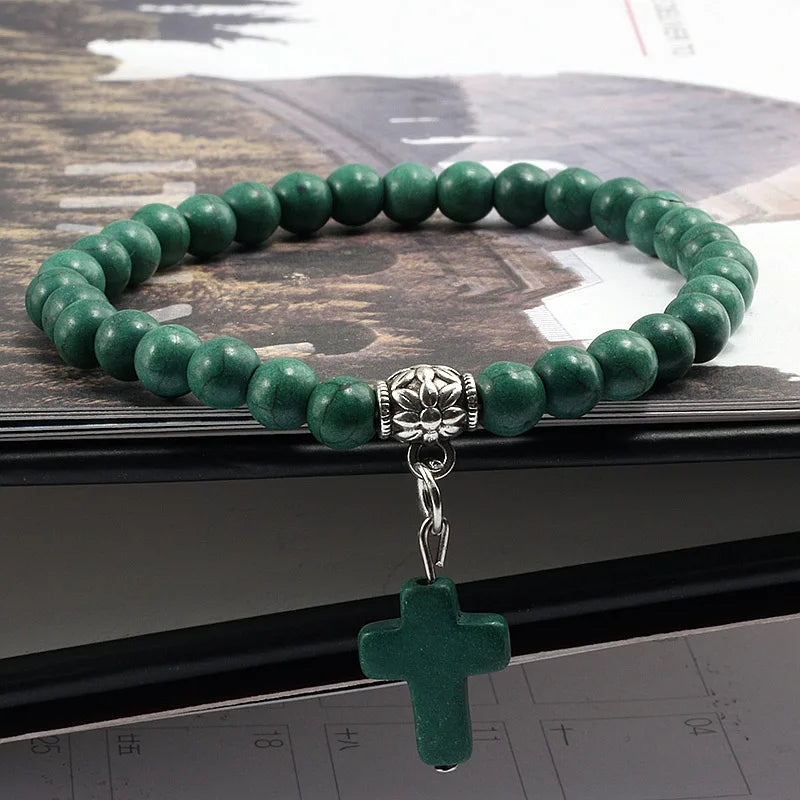 Jesus Cross Beaded Bracelets for Prayer 6mm Natural Black Matte Blue Pine Stone Bracelet Women Men Yoga Bangle Christian Jewelry