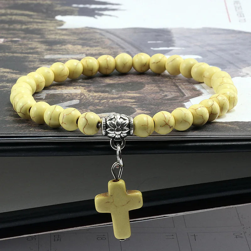 Jesus Cross Beaded Bracelets for Prayer 6mm Natural Black Matte Blue Pine Stone Bracelet Women Men Yoga Bangle Christian Jewelry