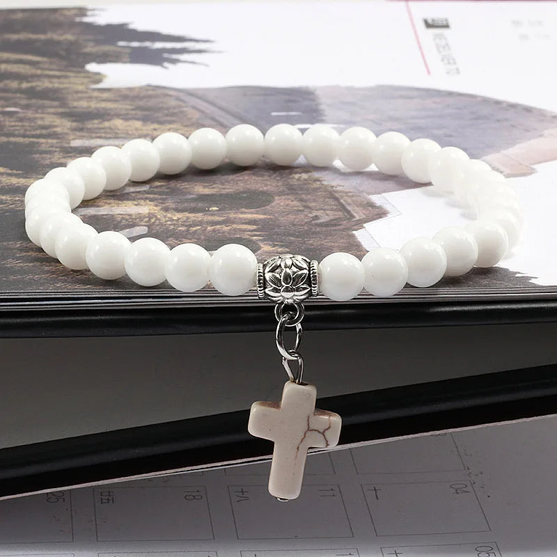 Jesus Cross Beaded Bracelets for Prayer 6mm Natural Black Matte Blue Pine Stone Bracelet Women Men Yoga Bangle Christian Jewelry