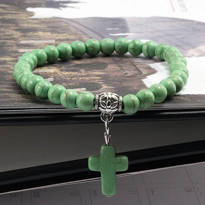 Jesus Cross Beaded Bracelets for Prayer 6mm Natural Black Matte Blue Pine Stone Bracelet Women Men Yoga Bangle Christian Jewelry