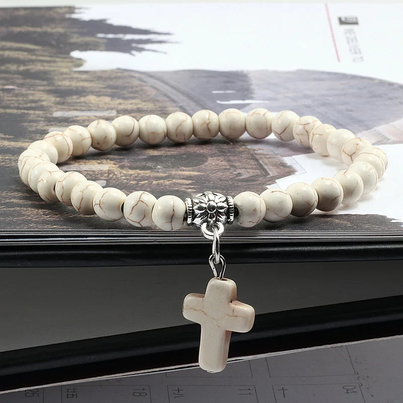 Jesus Cross Beaded Bracelets for Prayer 6mm Natural Black Matte Blue Pine Stone Bracelet Women Men Yoga Bangle Christian Jewelry