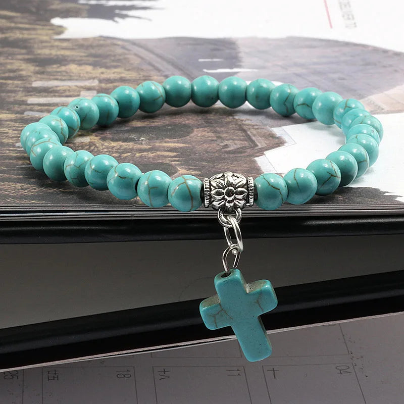 Jesus Cross Beaded Bracelets for Prayer 6mm Natural Black Matte Blue Pine Stone Bracelet Women Men Yoga Bangle Christian Jewelry
